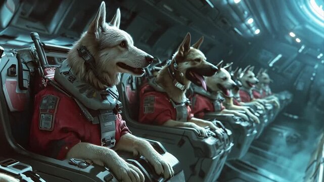 Dogs in spacesuits sitting harnessed to seats in a spaceship as they explore the cosmos after the extinction of the human species.