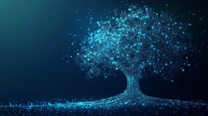 Obraz premium Tree data storage technology is depicted on a dark blue background featuring a fantastic vector illustration design with a digital lowpoly style of dots and lines for database