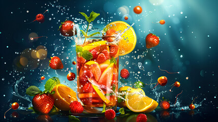 A glass of fruit juice with vibrant fruit slices plunging into it creating a burst of flavor. Fresh fruit cocktail in freeze motion splashing closeup. A variety of sliced fruits splashing into a glass
