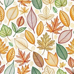 Obraz premium Beautiful modern falling leaves seamless pattern, hand drawn detailed leaves, autumn design, great for textiles prints, banners, wallpapers, wrapping.