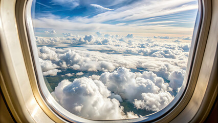 A vibrant display of fluffy clouds expands below from the airplane window, illuminated by sunlight on a clear day