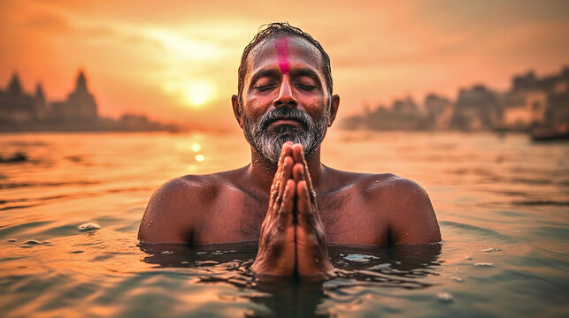 An indian man praying in river ganges during sunrise.	