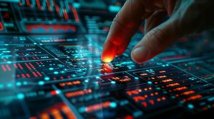 A close-up of a finger about to press the sell button on a digital stock market interface, with red declining graphs in the background, detailed fingers and button, sharp focus on the interface,