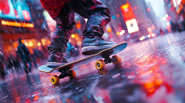 A vibrant scene of a skateboarder riding in the rain on a busy city street, showcasing urban life and action.