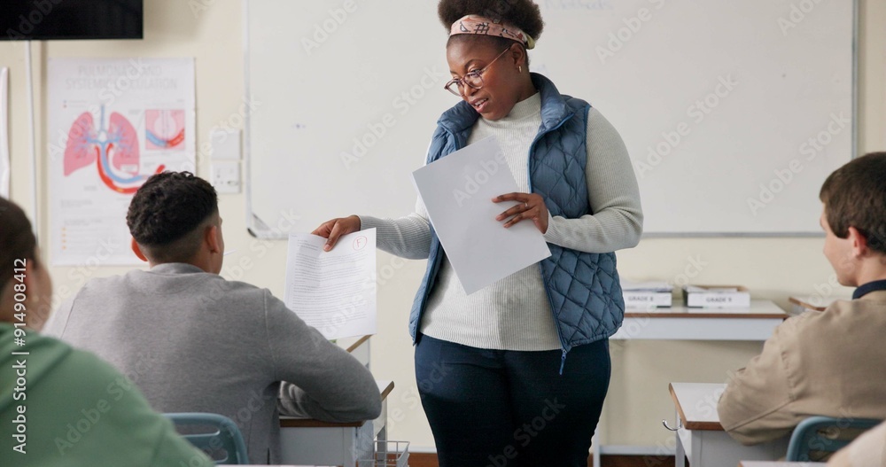 Poster education, teacher and papers with grades in classroom, biology and lesson for learning and developm