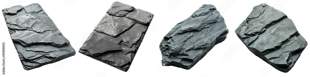 Poster a collection of textured, dark slate stones showcasing unique shapes and patterns suitable for vario