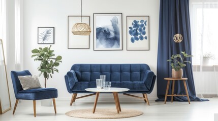 Modern Living Room with Blue Velvet Sofa and Decor