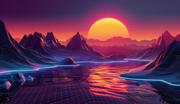 The 80s synthwave-styled landscape with blue grid mountains and sun over the canyon. synthwave arcade. Illustrations design