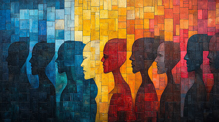 Colorful silhouette of diverse heads symbolizes unity, diversity, and human connection in a vibrant artistic expression.