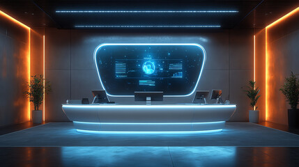 Futuristic reception desk in a modern office with glowing lights and advanced technology setup, ideal for corporate or tech themes.