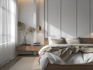 Obraz premium Aesthetic elegant minimalist bedroom interior design. Clear mock up empty wall for decoration in the apartment. Copy space in the room. Neutral palette of natural colors.