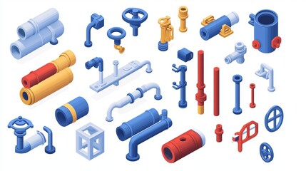 Isometric view of pipes including water tubes and a pipeline with a valve Construction of oil and gas industry tubes Plastic plumbing system 3D vector set isolated pieces of pipes