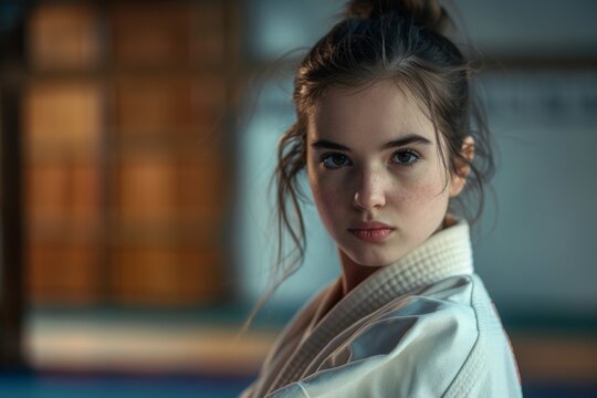 Focused Karate Athlete in a White Gi