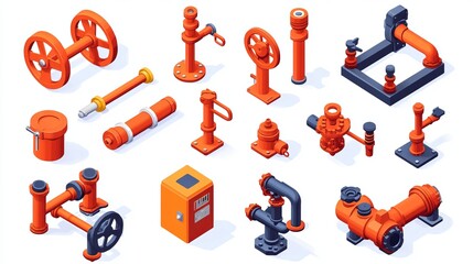 Isometric view of valves and piping communications stop valves and appliances for a gas pumping station showing opening or closing of pipeline valves Gas industry and gas transport