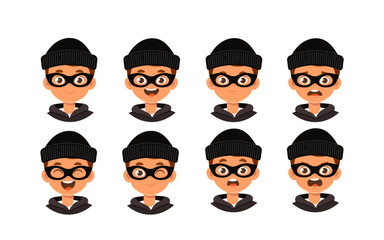 Male robber constructor. Man in black mask and hat different emotions and feelings. Kit for customization. Pack of heads and faces. Flat vector collection