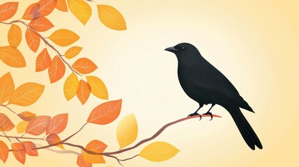 Fototapeta premium A black bird perched on a branch with colorful autumn leaves, set against a warm gradient background, evoking nature's beauty.
