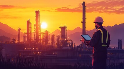 Male engineer and refinery worker using a tablet near an oil pump rig in an energy industrial zone Oil drilling and fossil fuel production concept with a flat mountain sunset background in