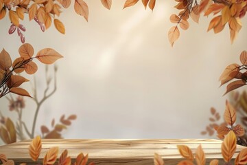 Autumnal Wooden Tabletop with Golden Leaves