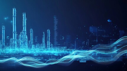 Modern chemical manufacturing plant on a blue technological background with a stylized digital wave representing the concept of modern technology and the new industrial revolution Vector
