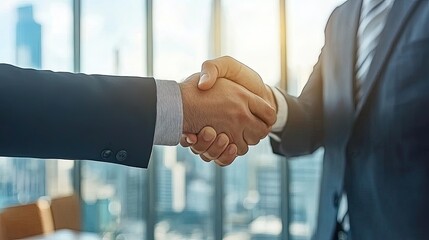 Businessmen shaking hands in a modern office setting