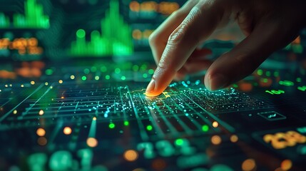 Obraz premium A close-up of a hand pressing the buy button on a futuristic stock market interface, green stock market signals in the background, detailed and focused hand, sharp interface, soft blur on charts,