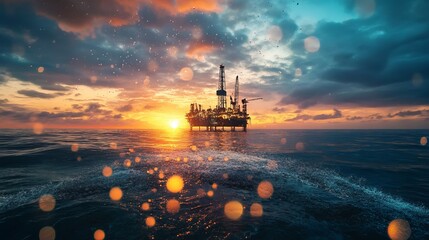 Offshore oil or gas rig in the sea at sunset Industry drill platform in the ocean with water and underwater bubbles and sunrise on the horizon Subsea marine landscape for mining