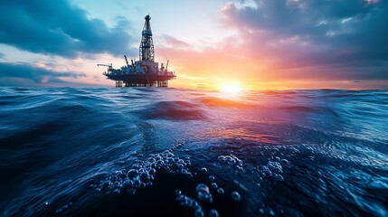 Offshore oil or gas rig in the sea at sunset Industry drill platform in the ocean with water and underwater bubbles and sunrise on the horizon Subsea marine landscape for mining
