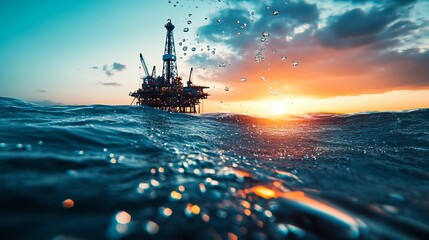 Offshore oil or gas rig in the sea at sunset Industry drill platform in the ocean with water and underwater bubbles and sunrise on the horizon Subsea marine landscape for mining