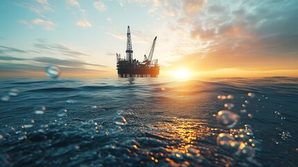 Fototapeta premium Offshore oil or gas rig in the sea at sunset Industry drill platform in the ocean with water and underwater bubbles and sunrise on the horizon Subsea marine landscape for mining