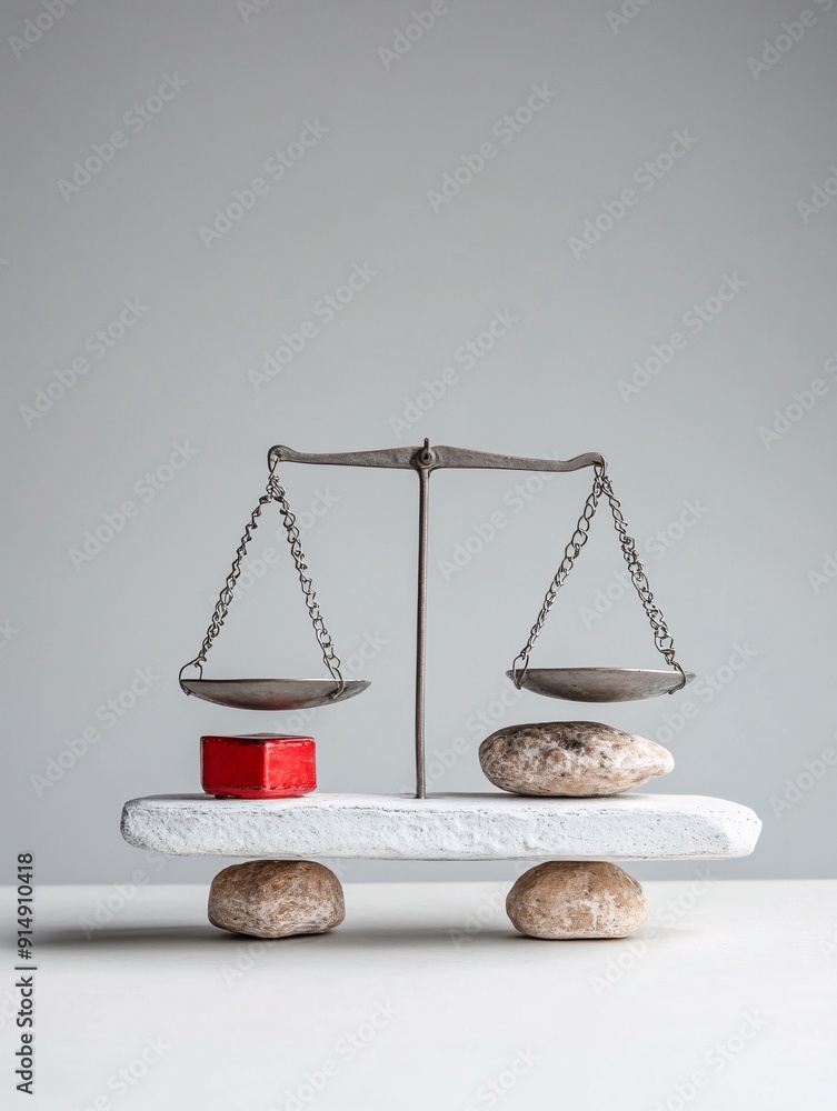 Poster an abstract image of a balance scale with money on one side and a red caution sign on the other, rep