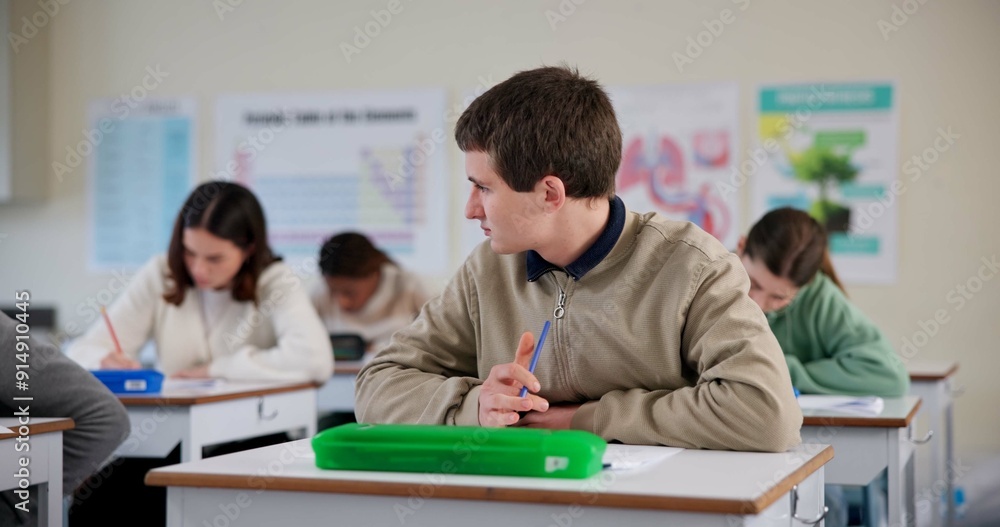 Aufkleber Thinking, student and writing for test in class for university exams, project and academic assignment. Man, remember and brainstorm for learning, homework and education with development in classroom