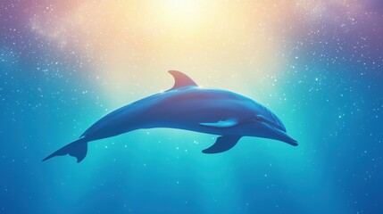 Obraz premium dolphin swimming through vibrant blue waters, illuminated by soft, ethereal light, showcasing nature's beauty.