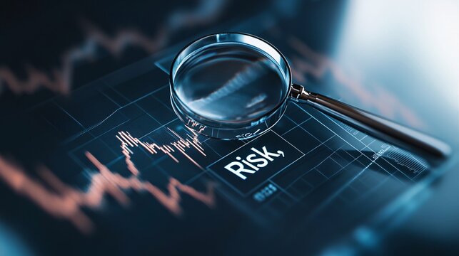 A stock market chart with fluctuating lines and a magnifying glass highlighting the word "Risk," symbolizing the importance of risk management in investment strategies. The clean background allows