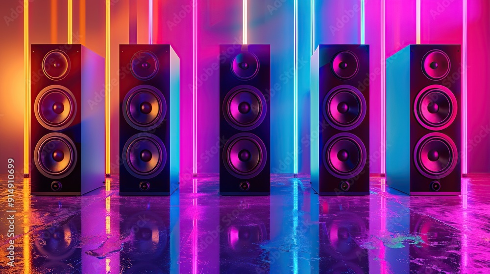 Poster a row of dynamic speakers set against a vibrant background with neon lights and reflective surfaces. copy space for text.