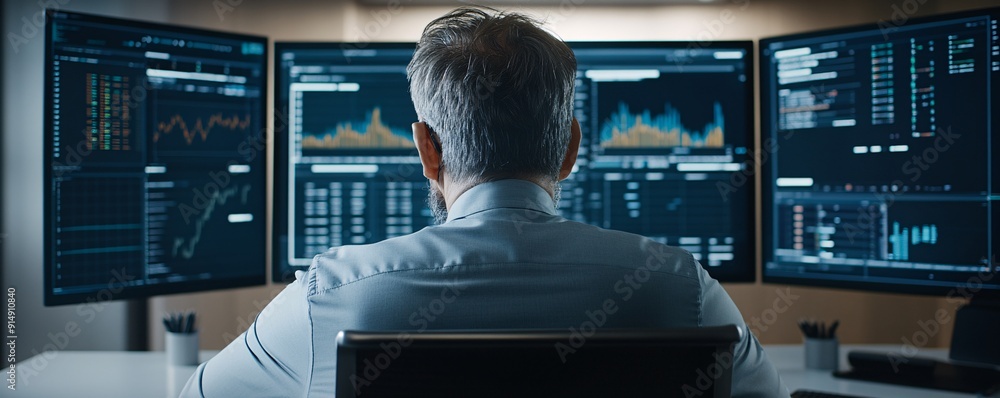 Aufkleber a cinematic magazine-style image of a financial advisor using advanced software to simulate risk sce