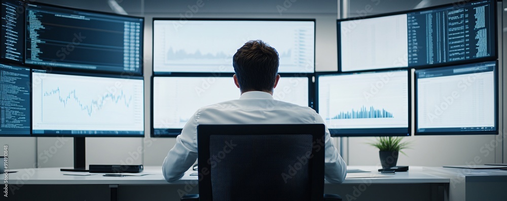 Poster a cinematic magazine-style image of a financial advisor using advanced software to simulate risk sce