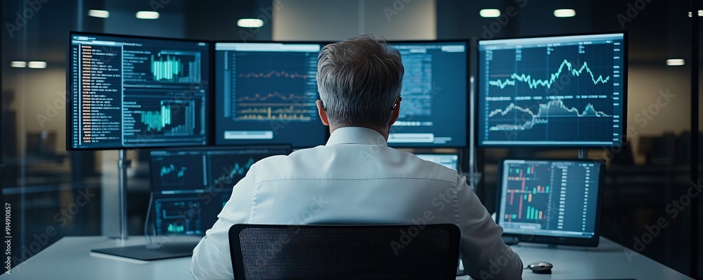 Poster a cinematic magazine-style image of a financial advisor using advanced software to simulate risk sce