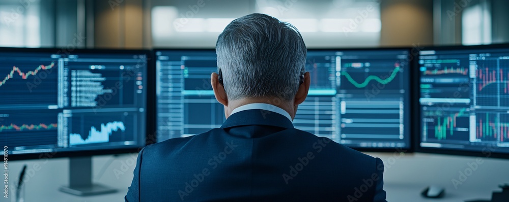 Aufkleber a cinematic magazine-style image of a financial advisor using advanced software to simulate risk sce