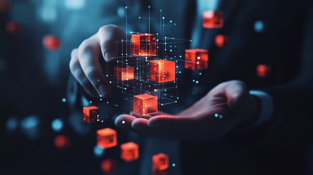 Businessman building and connecting blocks to build a structure in the style of digital space with technology, representing growth through business development concept. Business technology concept.