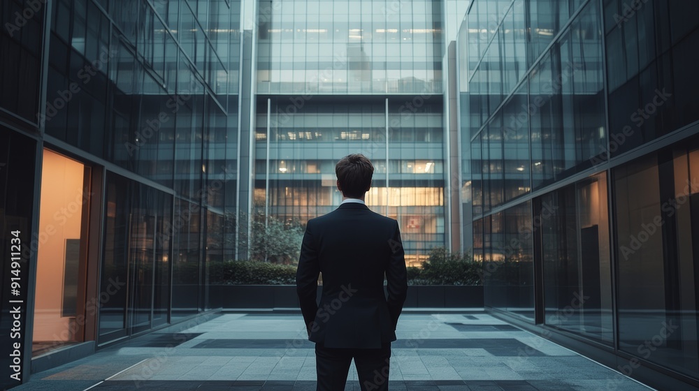 Wall mural back view of businessman standing at outside front building office. ready to start new work concept.