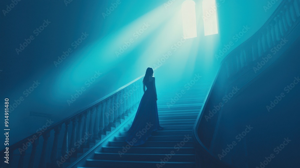 Poster figure ascends a staircase enveloped in ethereal light, creating an enchanting and surreal atmospher