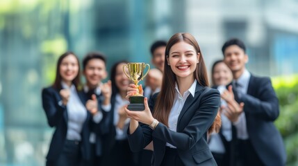 Business success concept. Happy winner businesswoman receives a business award and holding trophy with team of cheerful workers. Celebrating and congratulating their leader on great work success. - Powered by Adobe