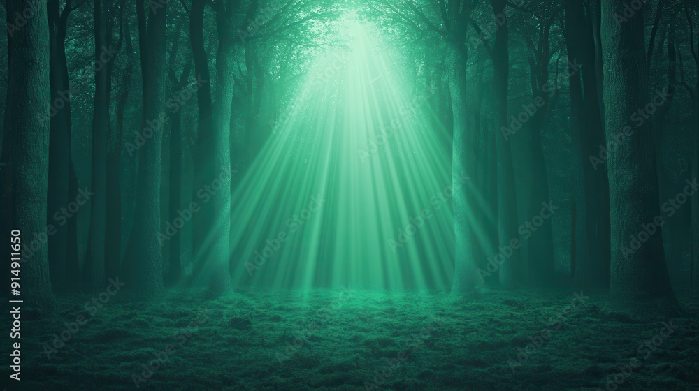 Poster forest illuminated by ethereal green light, creating an enchanting atmosphere of nature and tranquil