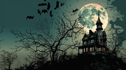 Fototapeta premium An old, spooky house on top of a hill with a full moon