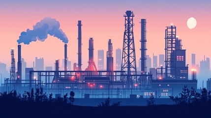 Plant factory set against a city background Industrial factory landscape Oil and gas industry
