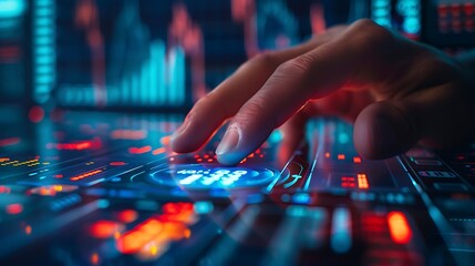 Fototapeta premium A close-up of a hand pressing the buy button on a modern, futuristic stock trading interface, with neon holographic stock charts and data in the background, fingers in focus, vivid display,