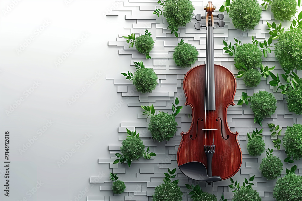 Wall mural classical music, violin, bright colors, sound waves, musical staff, soft lighting, detailed texture of instrument and bow, abstract background with wavy lines