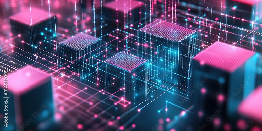 Poster abstract network of interconnected cubes with glowing lines and points