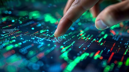 Obraz premium A close-up of a hand pressing the buy button on a sophisticated stock market screen, green rising stock charts in the background, detailed and focused hand, sharp interface, soft blur on charts,