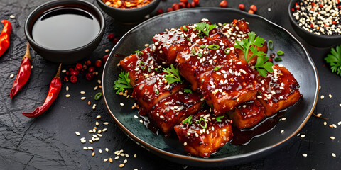 Grilled Tofu with Sesame Seeds and Teriyaki Glaze - Food Illustration